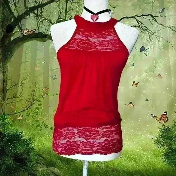 Y2K 90s Cherry Red Halter Blouse By Wet Seal Size s - Picture 1 of 7